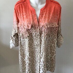 Calvin Klein Cheetah Button Down Roll-Tab Sleeve Blouse Size L Casual Career